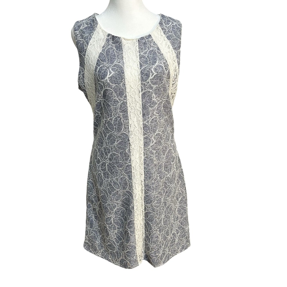 JOOMPY USA Blue White Lace Floral Sheath Dress Sleeveless Modest Knee Length Y2K